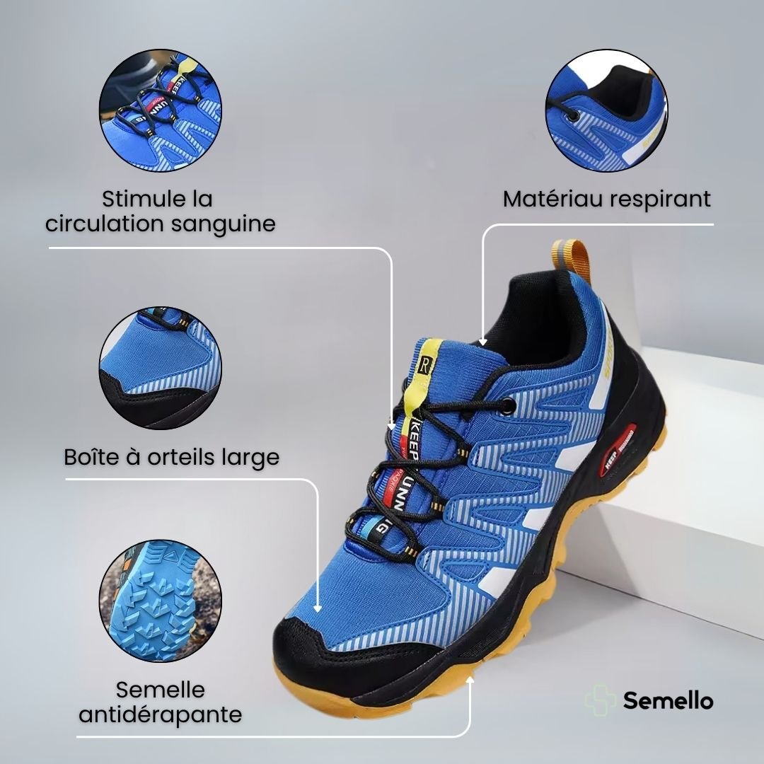 Orthopedic walking shoes with a thick cushioned sole, in blue, black and gray colorways