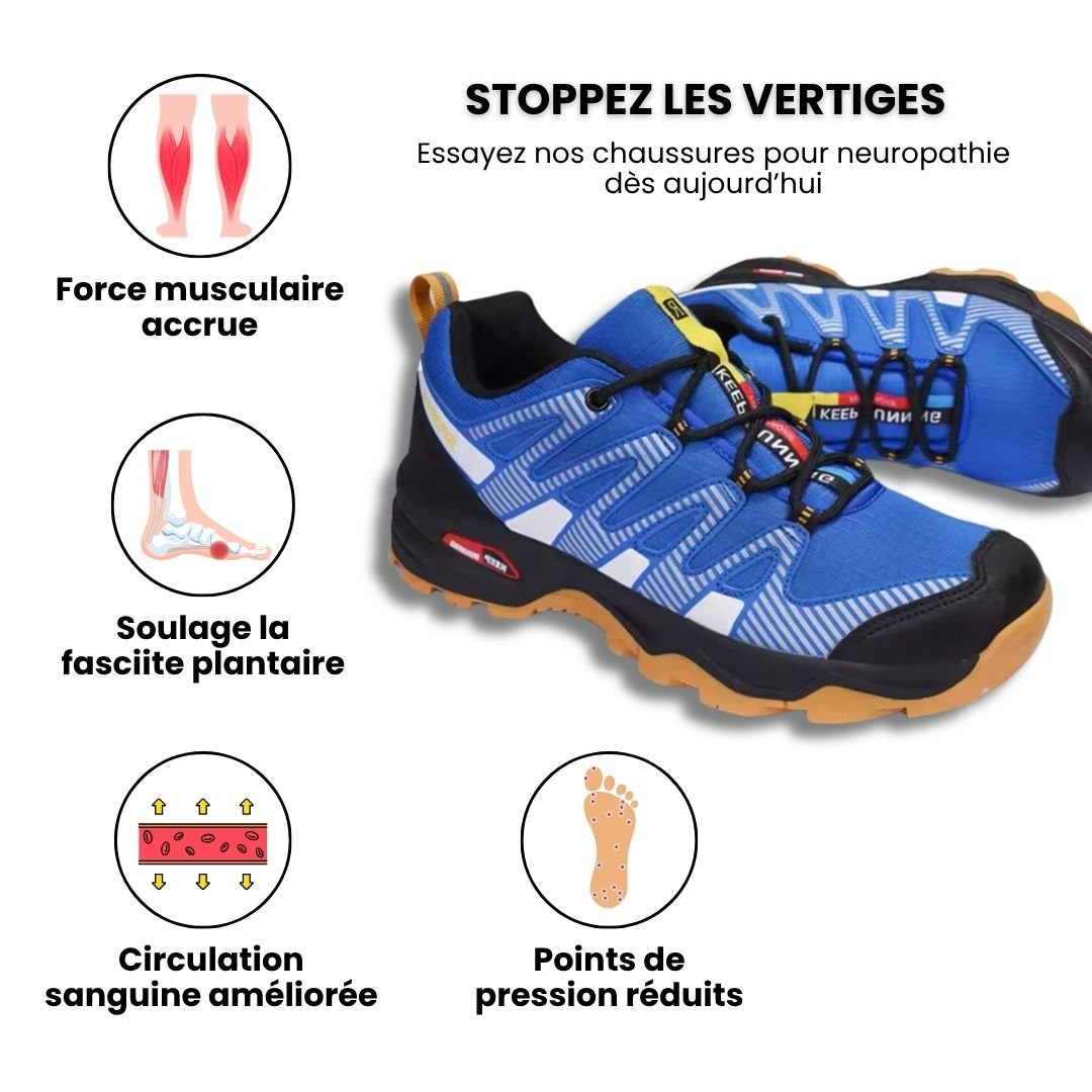 Orthopedic walking shoes with a thick cushioned sole, in blue, black and gray colorways
