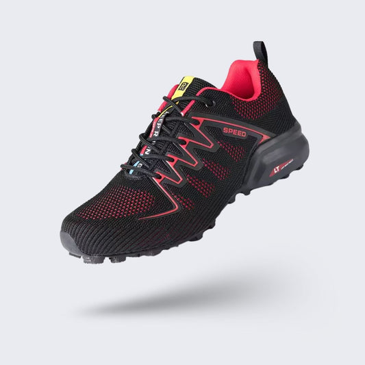Men's orthopedic walking shoes with a thick sole, in black and red, blue, and gray and orange