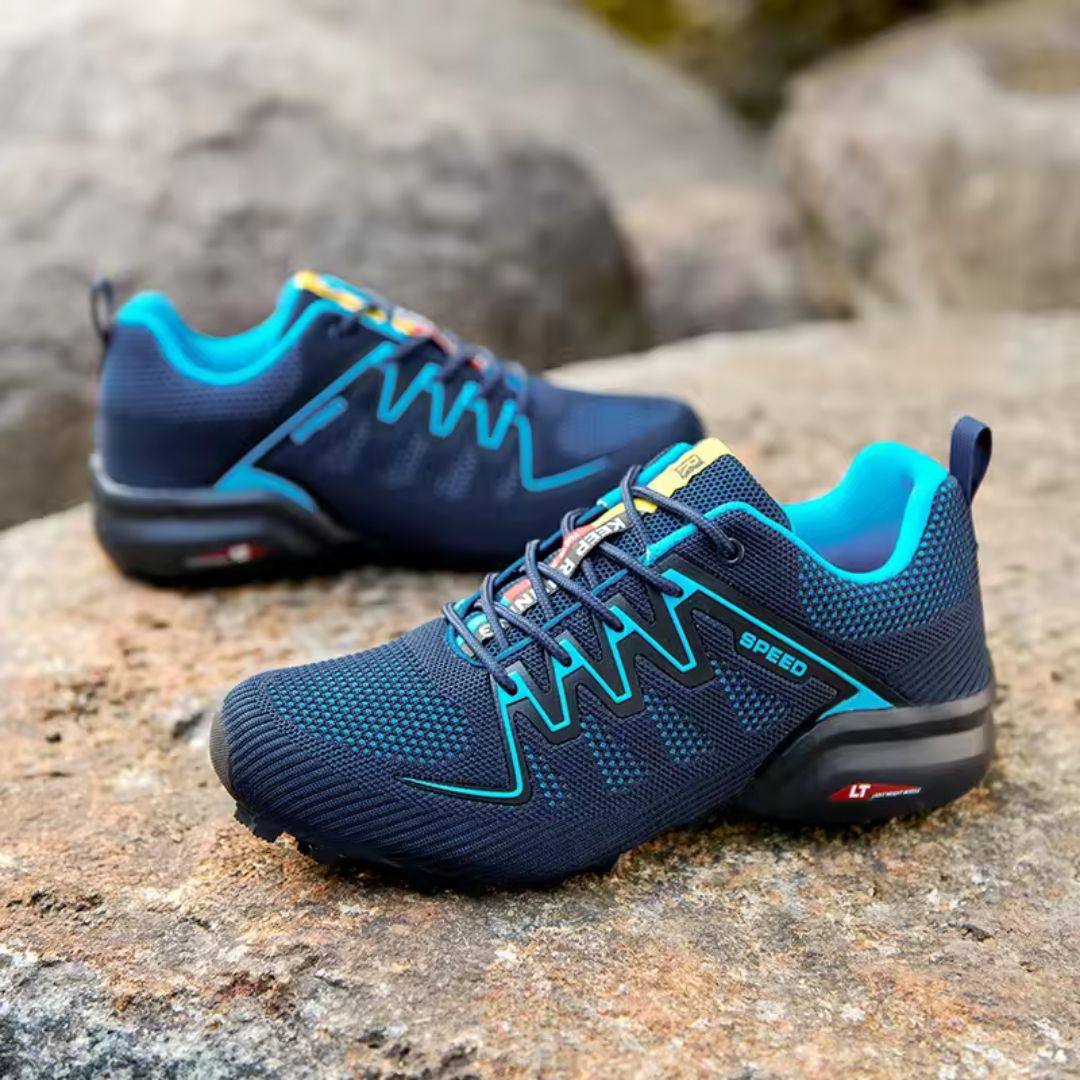 Men's orthopedic walking shoes with a thick sole, in black and red, blue, and gray and orange