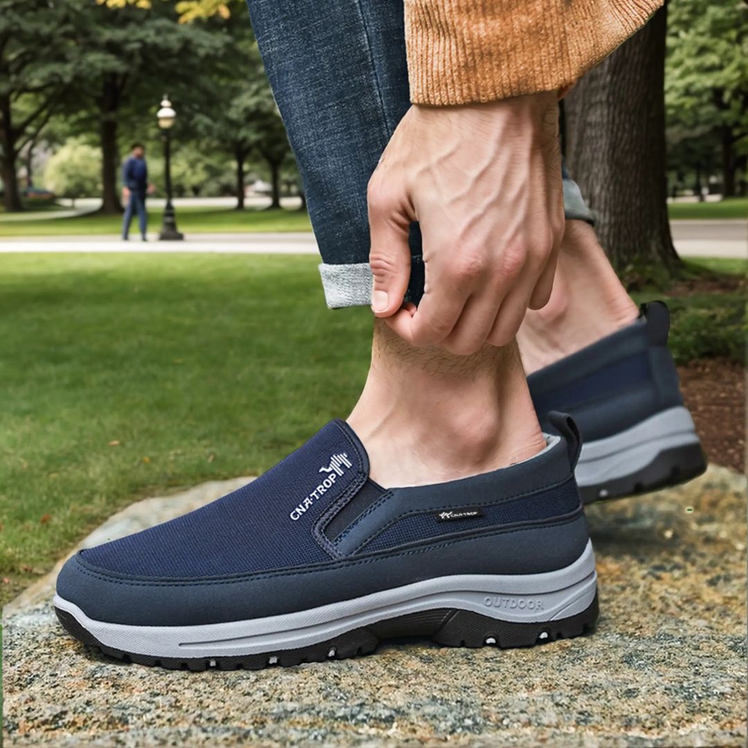 Black orthopedic walking shoes for men with a cushioned midsole and lace-up fit