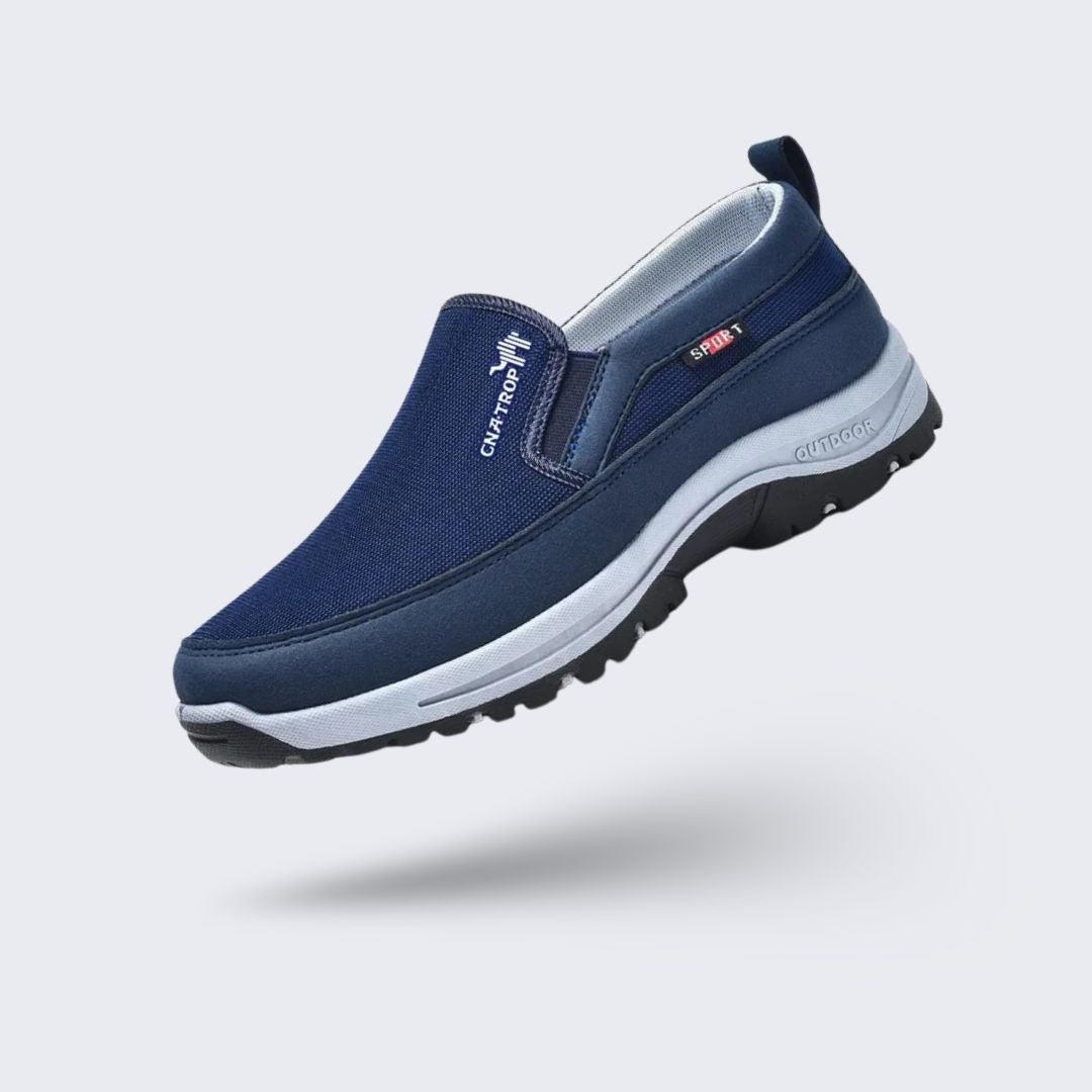 Black orthopedic walking shoes for men with a cushioned midsole and lace-up fit