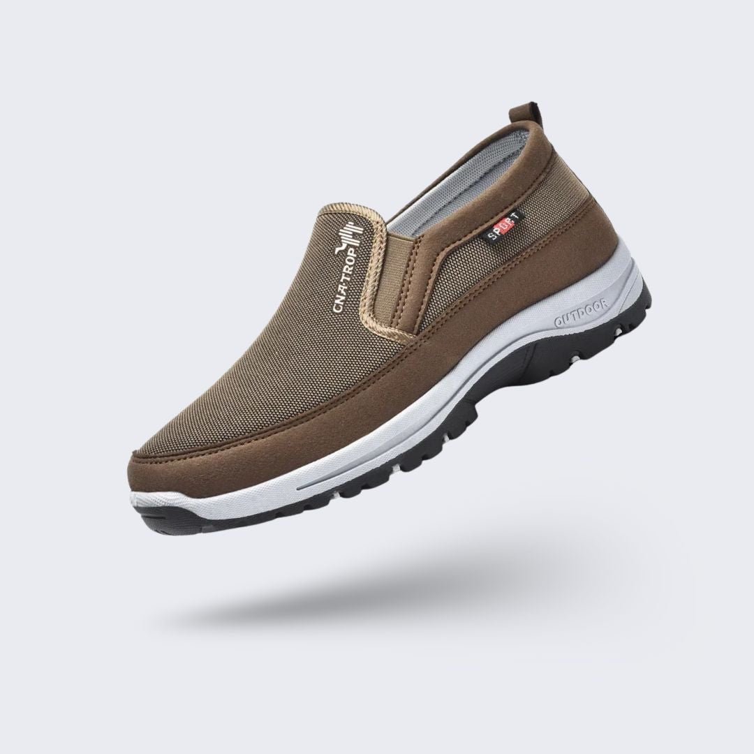 Black orthopedic walking shoes for men with a cushioned midsole and lace-up fit