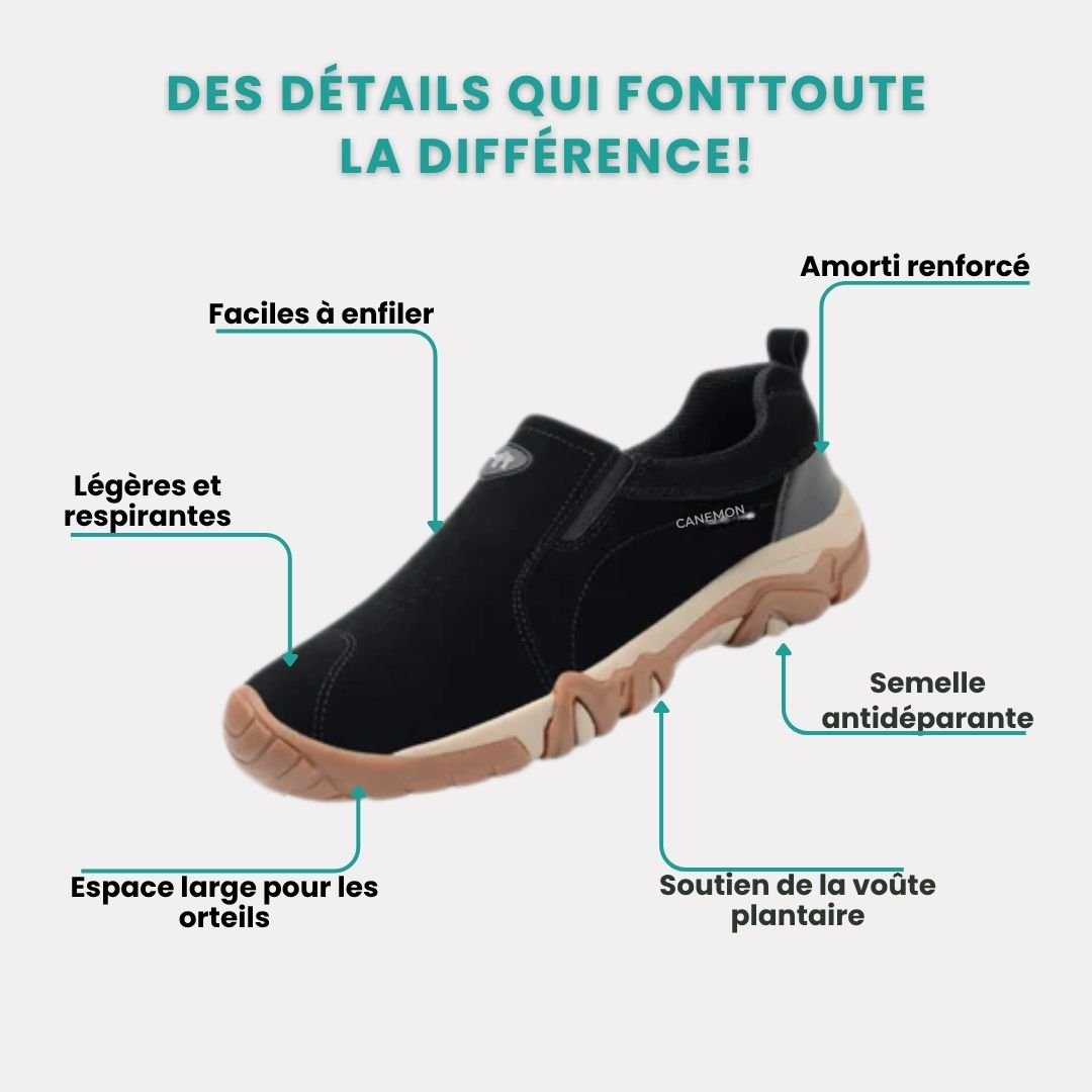 Men's orthopedic walking shoes with a cushioned sole, in black, gray, dark blue and sand