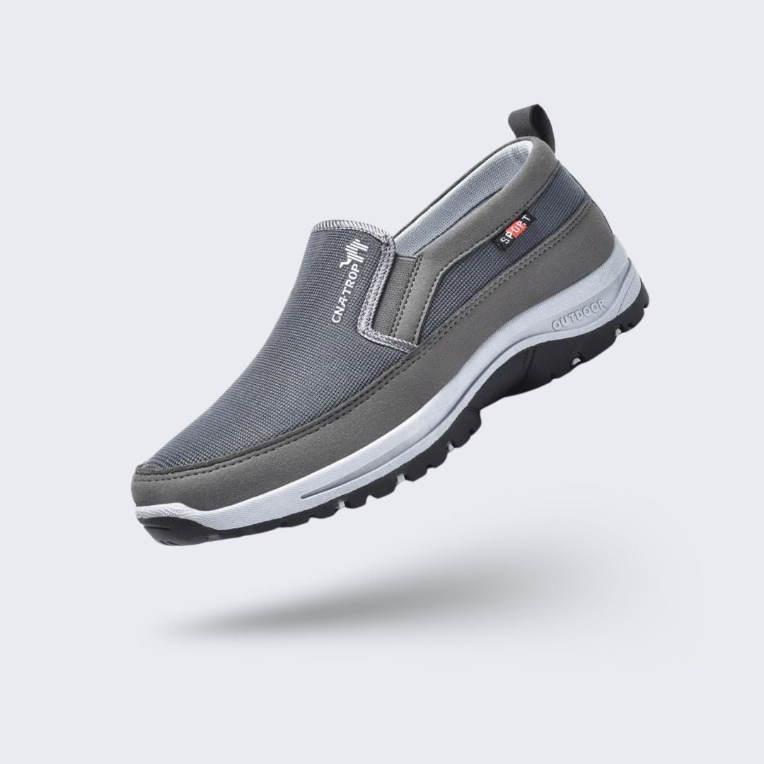 Black orthopedic walking shoes for men with a cushioned midsole and lace-up fit