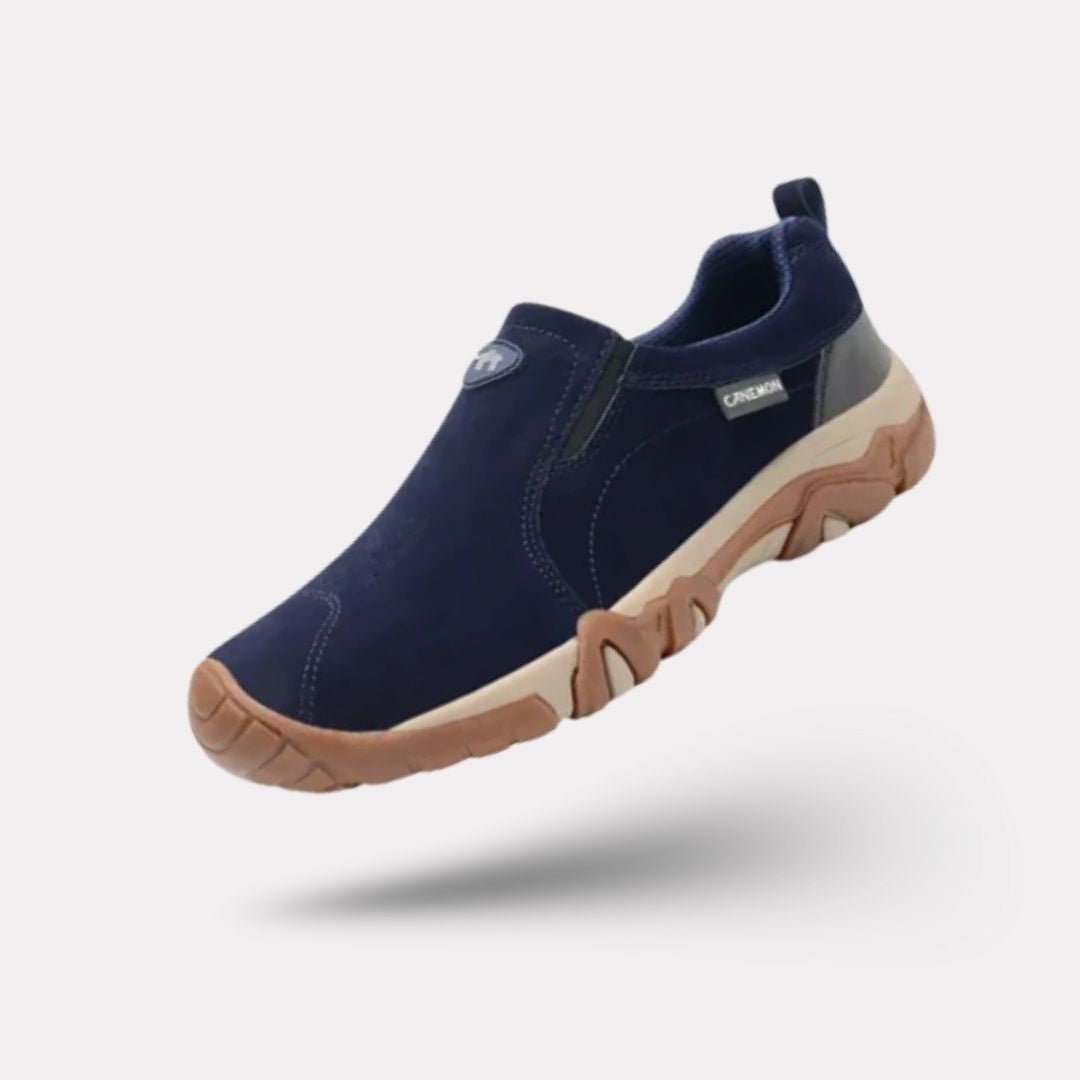Men's orthopedic walking shoes with a cushioned sole, in black, gray, dark blue and sand