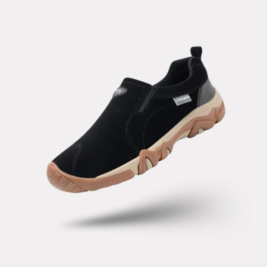 Men's orthopedic walking shoes with a cushioned sole, in black, gray, dark blue and sand