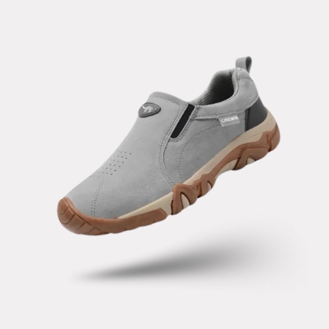 Men's orthopedic walking shoes with a cushioned sole, in black, gray, dark blue and sand
