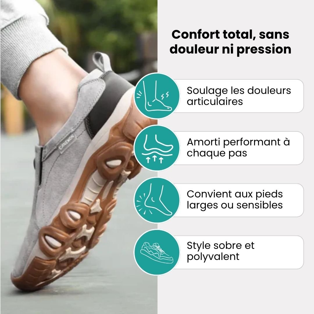 Men's orthopedic walking shoes with a cushioned sole, in black, gray, dark blue and sand