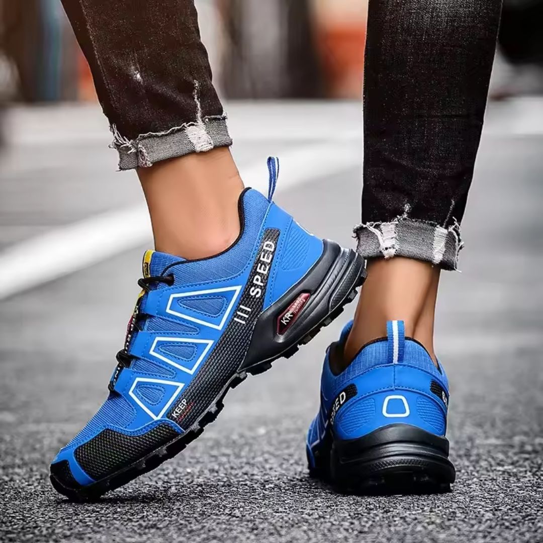 Blue orthopedic walking shoes with a knit upper and a shock absorbing sole