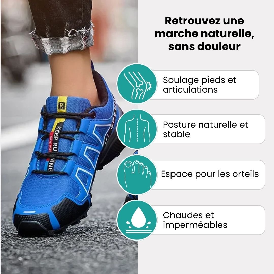 Blue orthopedic walking shoes with a knit upper and a shock absorbing sole