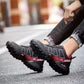 Blue orthopedic walking shoes with a knit upper and a shock absorbing sole