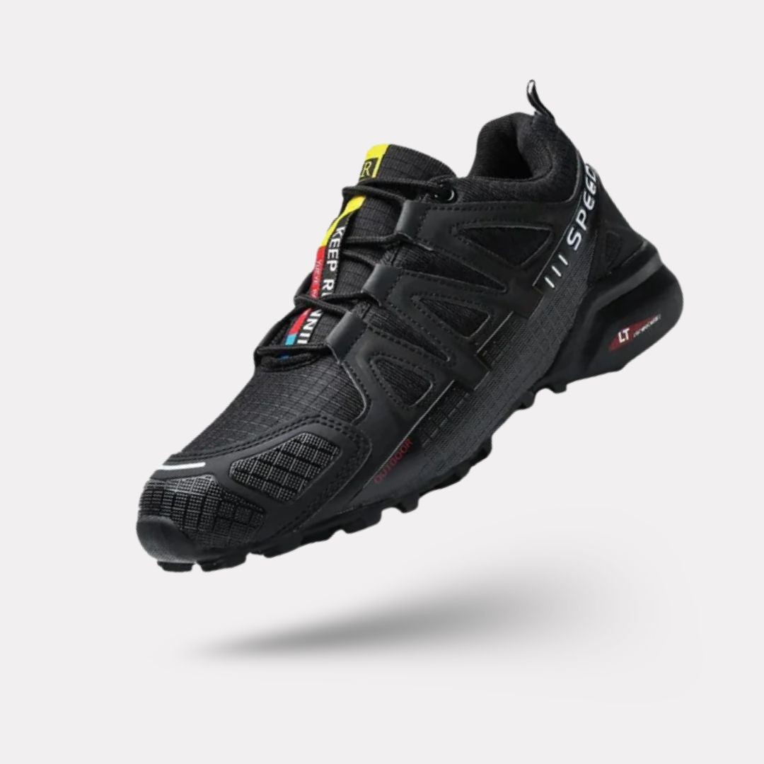 Blue orthopedic walking shoes with a knit upper and a shock absorbing sole