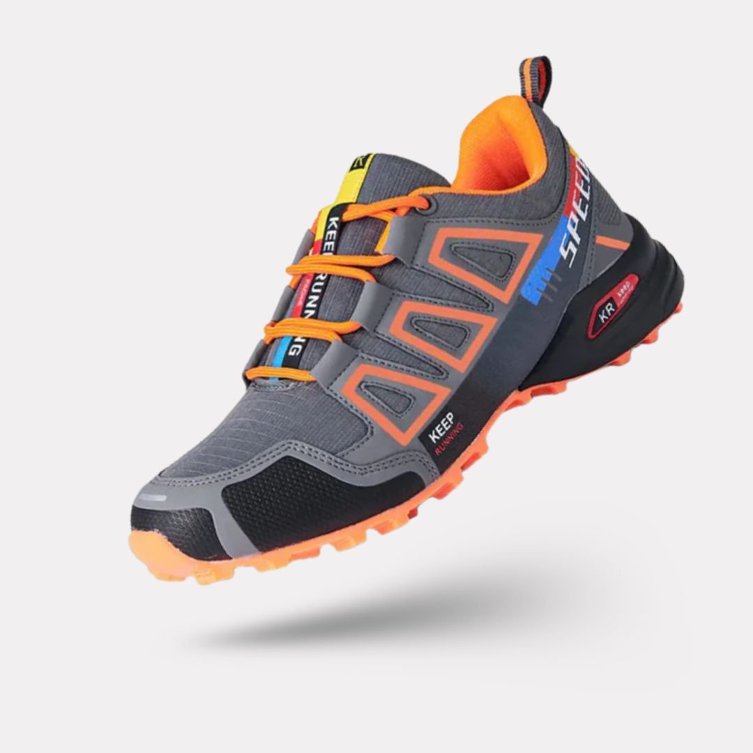 Blue orthopedic walking shoes with a knit upper and a shock absorbing sole
