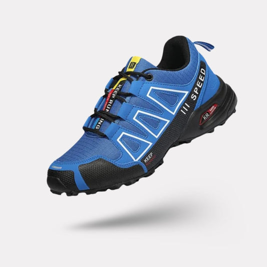 Blue orthopedic walking shoes with a knit upper and a shock absorbing sole