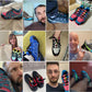 Blue orthopedic walking shoes with a knit upper and a shock absorbing sole