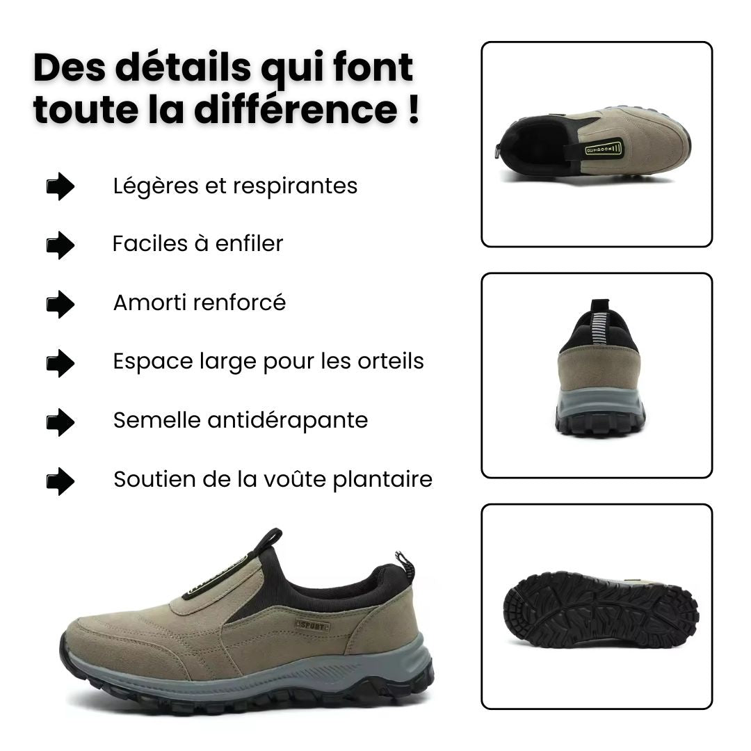 Orthopedic walking shoes with a padded collar, in dark blue, khaki, black, brown and green