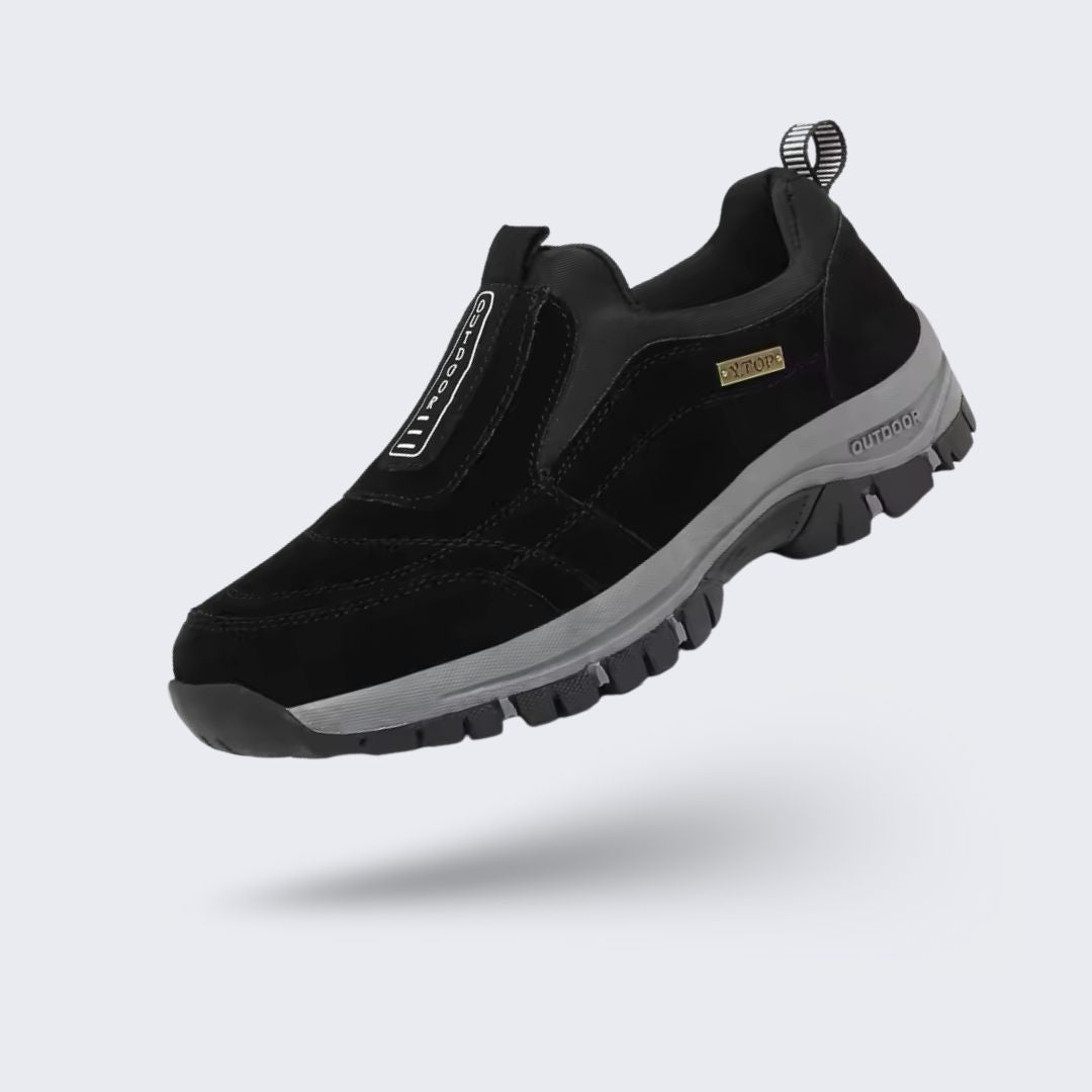 Orthopedic walking shoes with a padded collar, in dark blue, khaki, black, brown and green