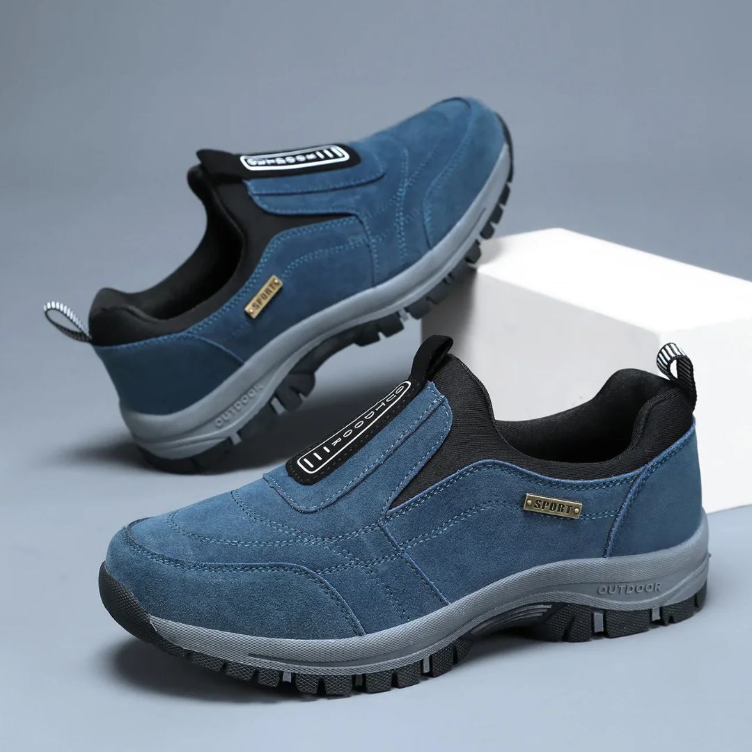 Orthopedic walking shoes with a padded collar, in dark blue, khaki, black, brown and green