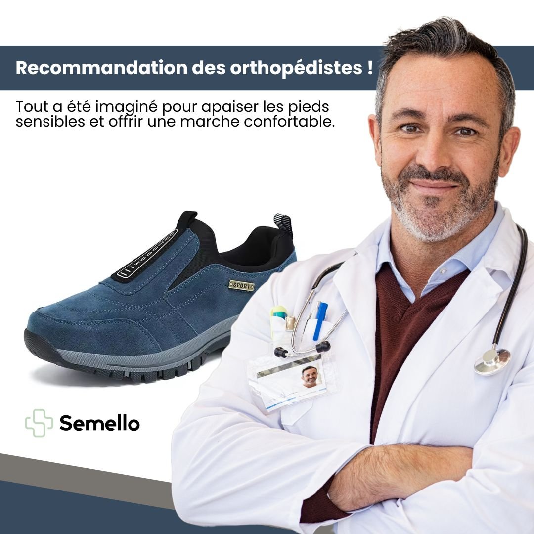 Orthopedic walking shoes with a padded collar, in dark blue, khaki, black, brown and green