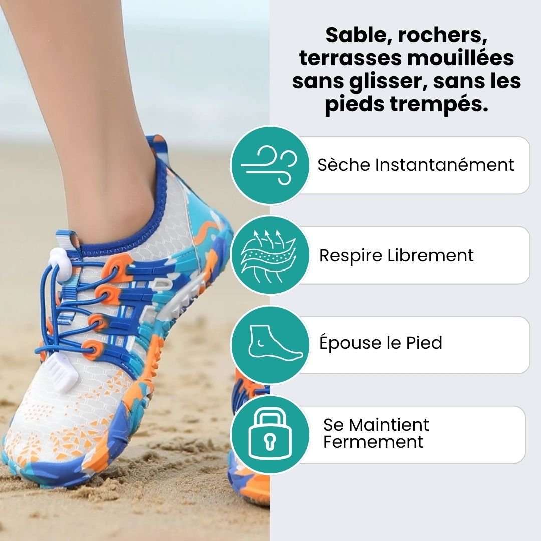 Lightweight beach shoes with a quick-dry mesh upper and flexible sole for wet sand