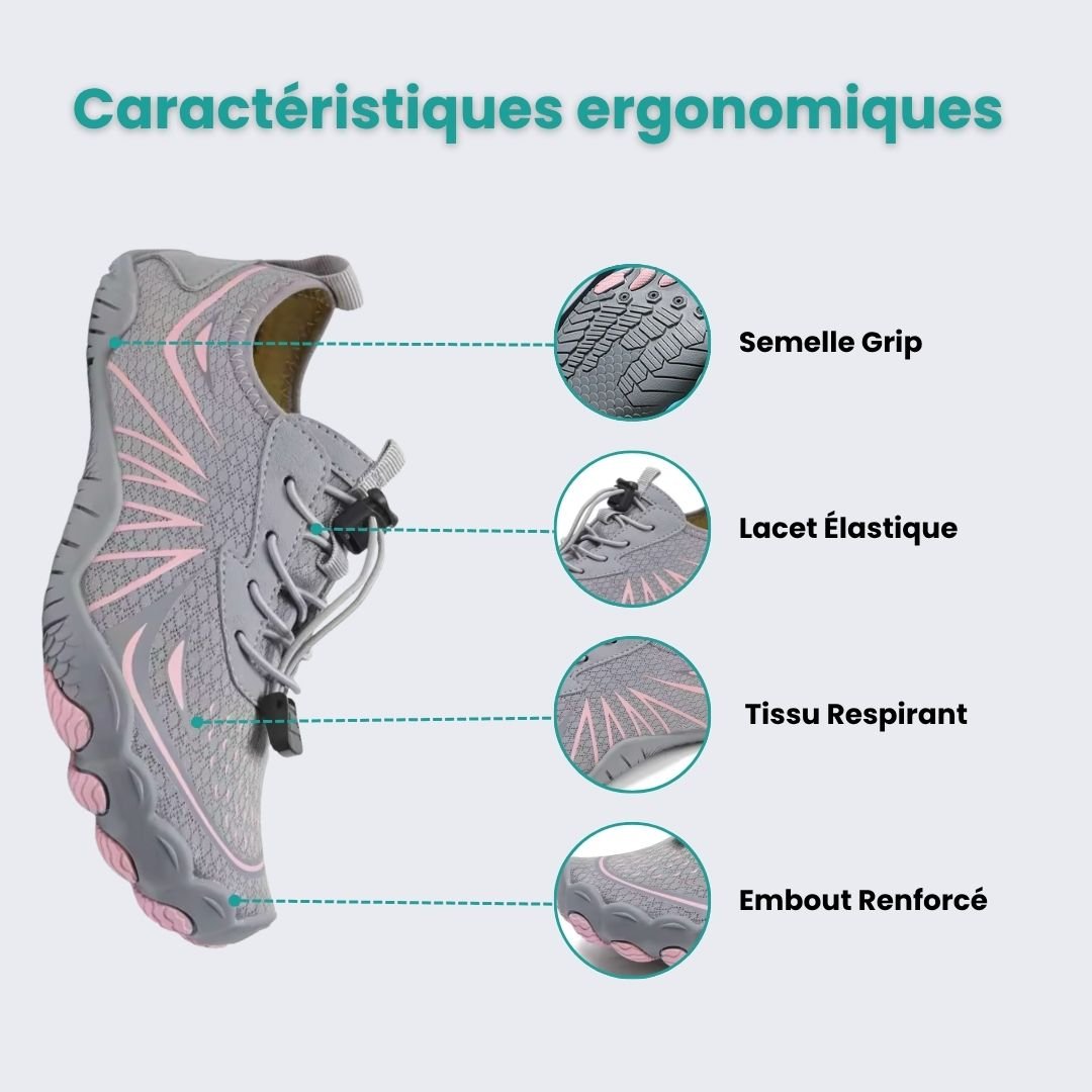 Quick-drying beach water shoes with a flexible grip sole, in gray, plum and platinum