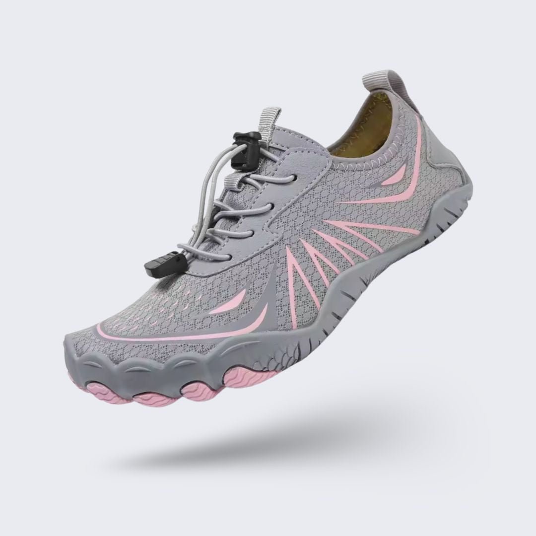 Quick-drying beach water shoes with a flexible grip sole, in gray, plum and platinum