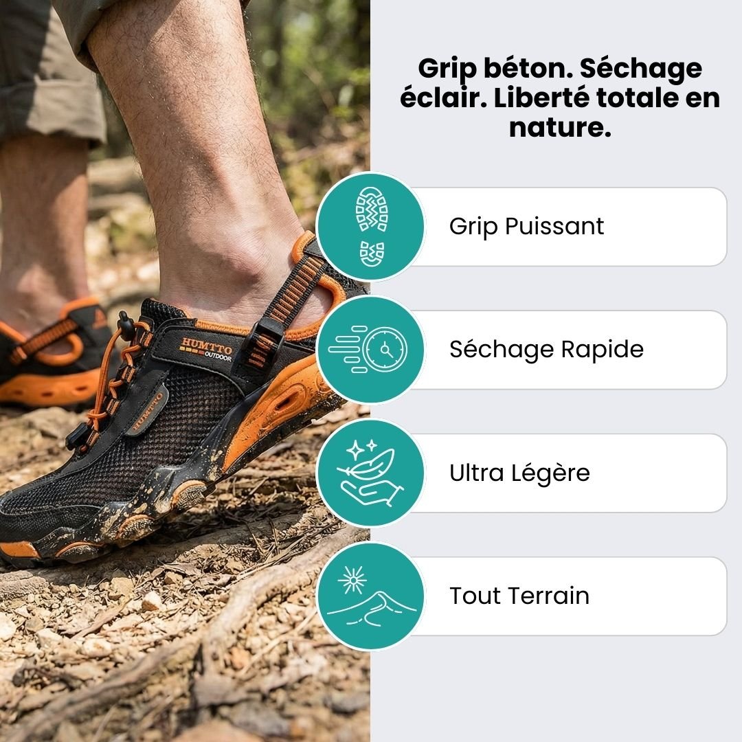 Water hiking shoes with a lugged rubber outsole and draining mesh upper, in black, gray or blue