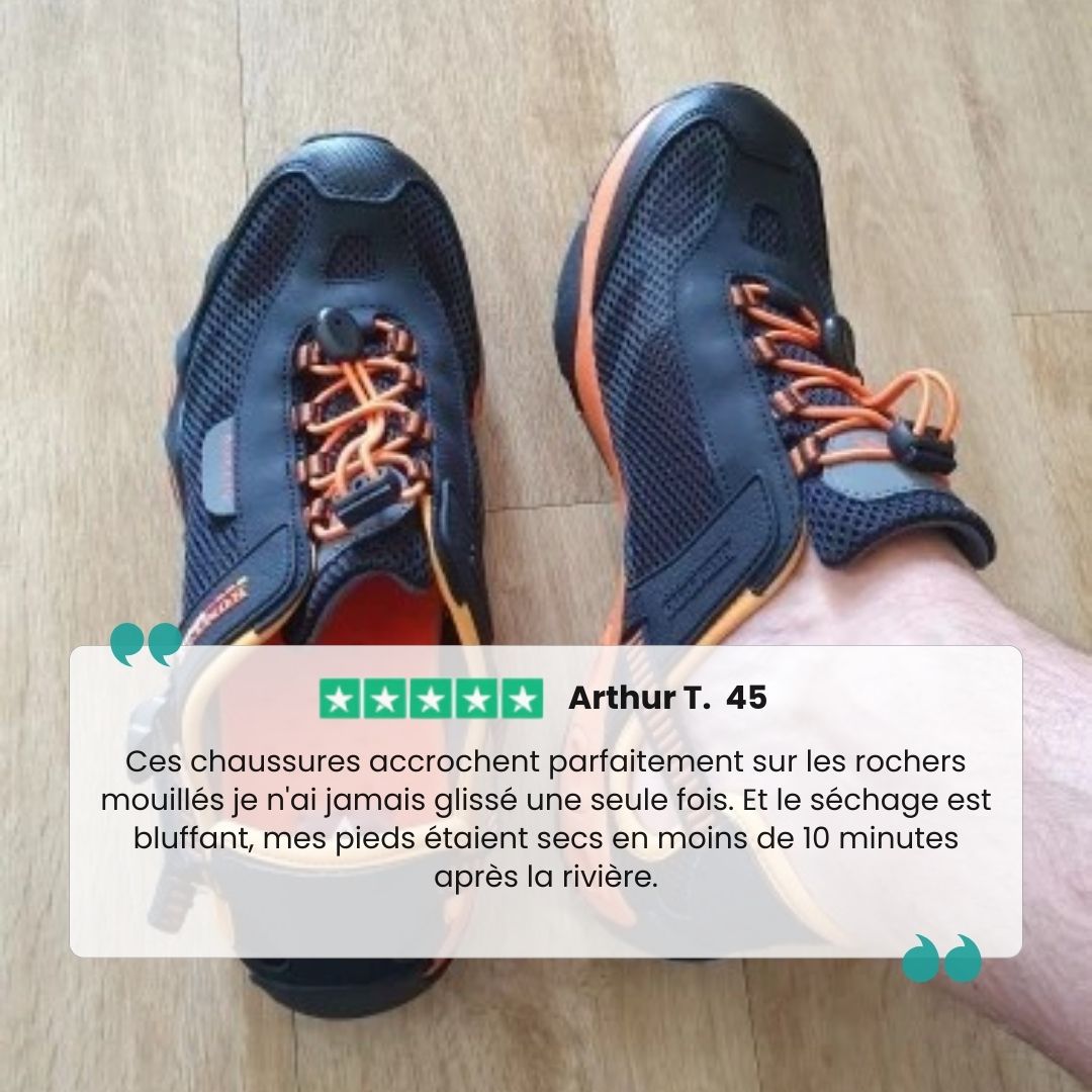 Water hiking shoes with a lugged rubber outsole and draining mesh upper, in black, gray or blue