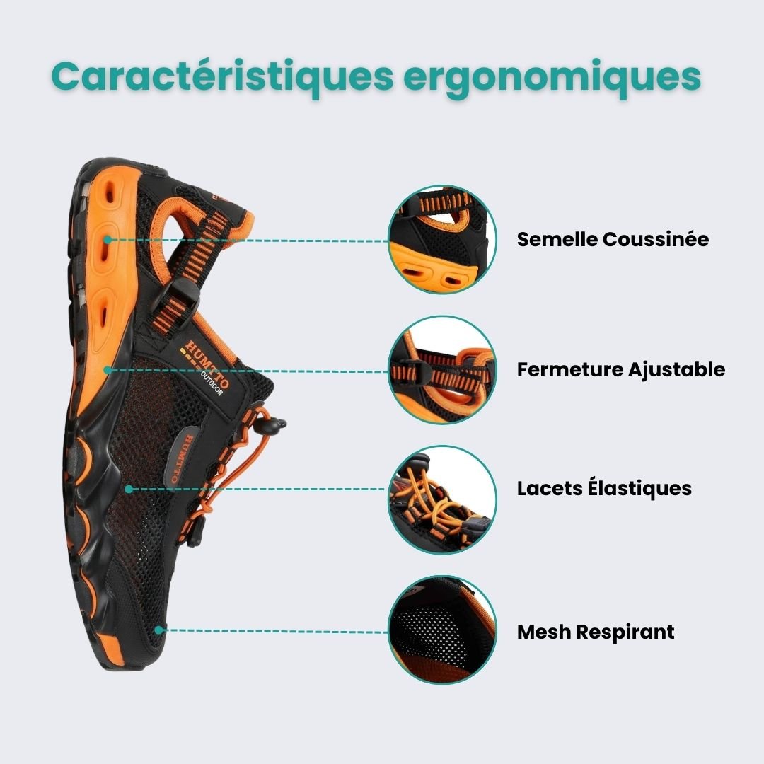 Water hiking shoes with a lugged rubber outsole and draining mesh upper, in black, gray or blue