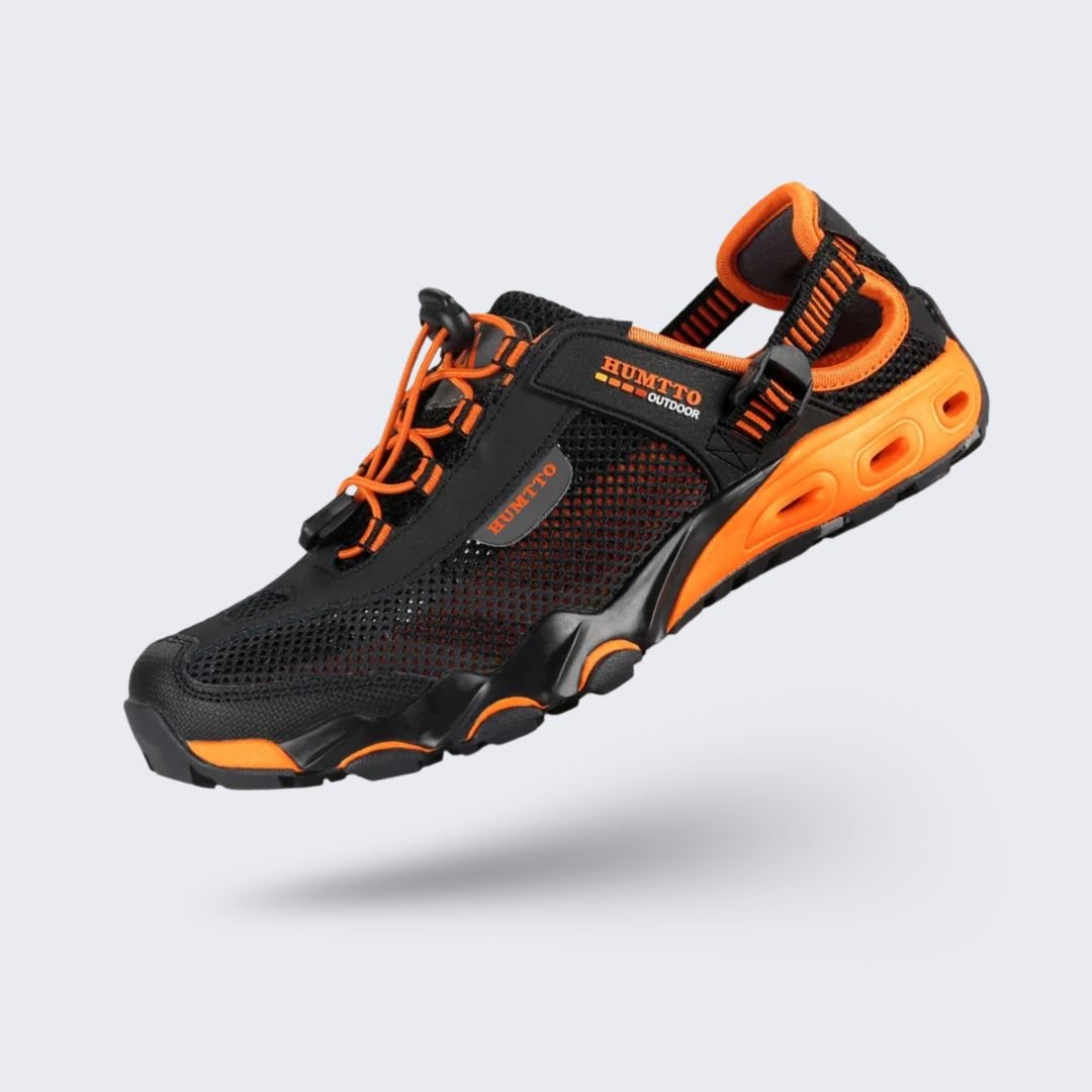 Water hiking shoes with a lugged rubber outsole and draining mesh upper, in black, gray or blue