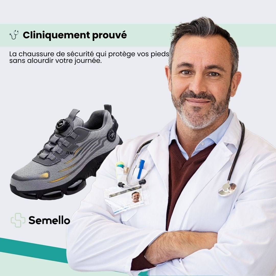 Lightweight women's safety shoes in gray and black with a reinforced protective toe cap