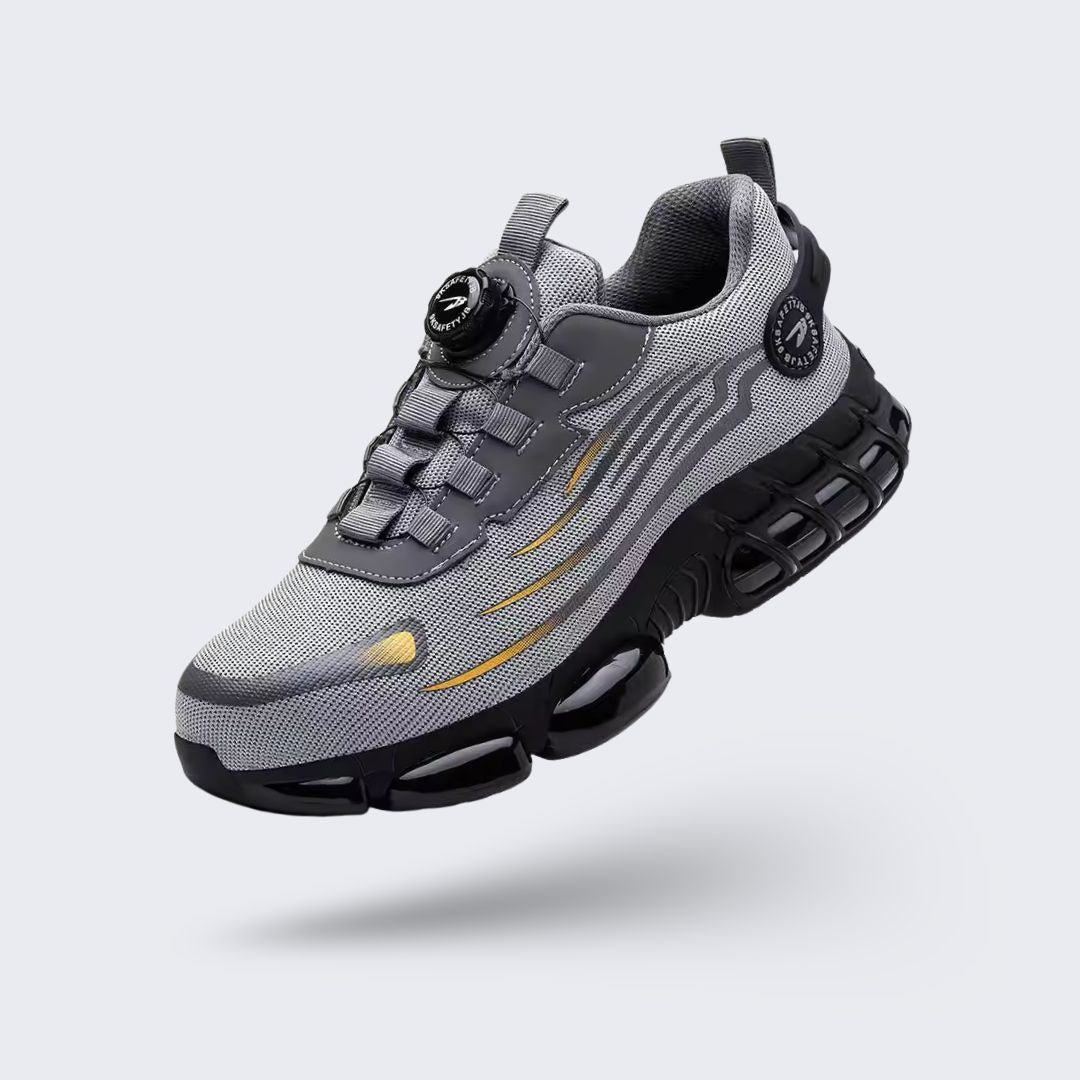 Lightweight women's safety shoes in gray and black with a reinforced protective toe cap