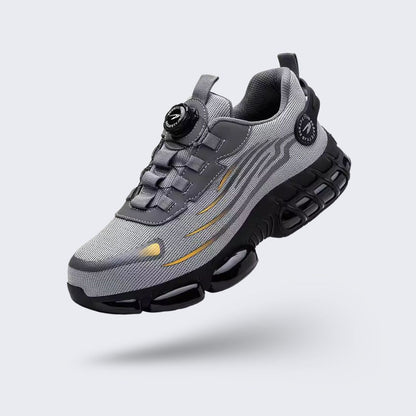 Lightweight women's safety shoes in gray and black with a reinforced protective toe cap