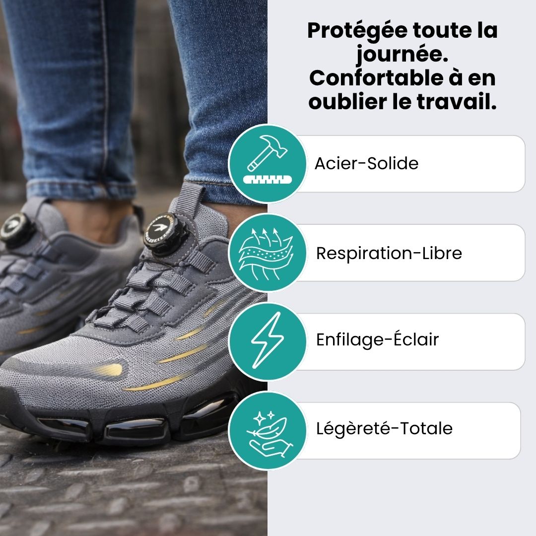 Lightweight women's safety shoes in gray and black with a reinforced protective toe cap