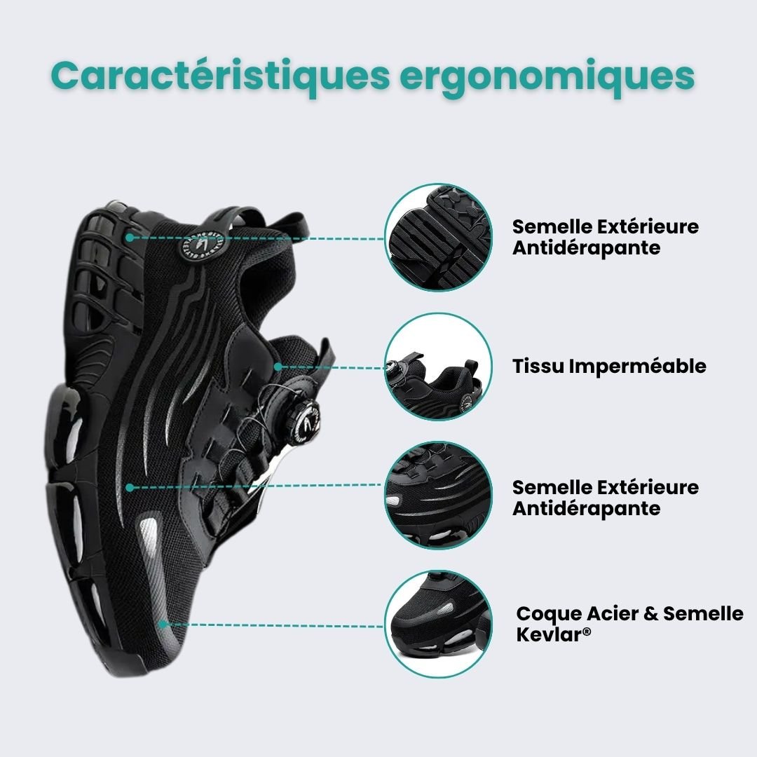 Black orthopedic safety shoes with a reinforced toe cap and cushioned sole