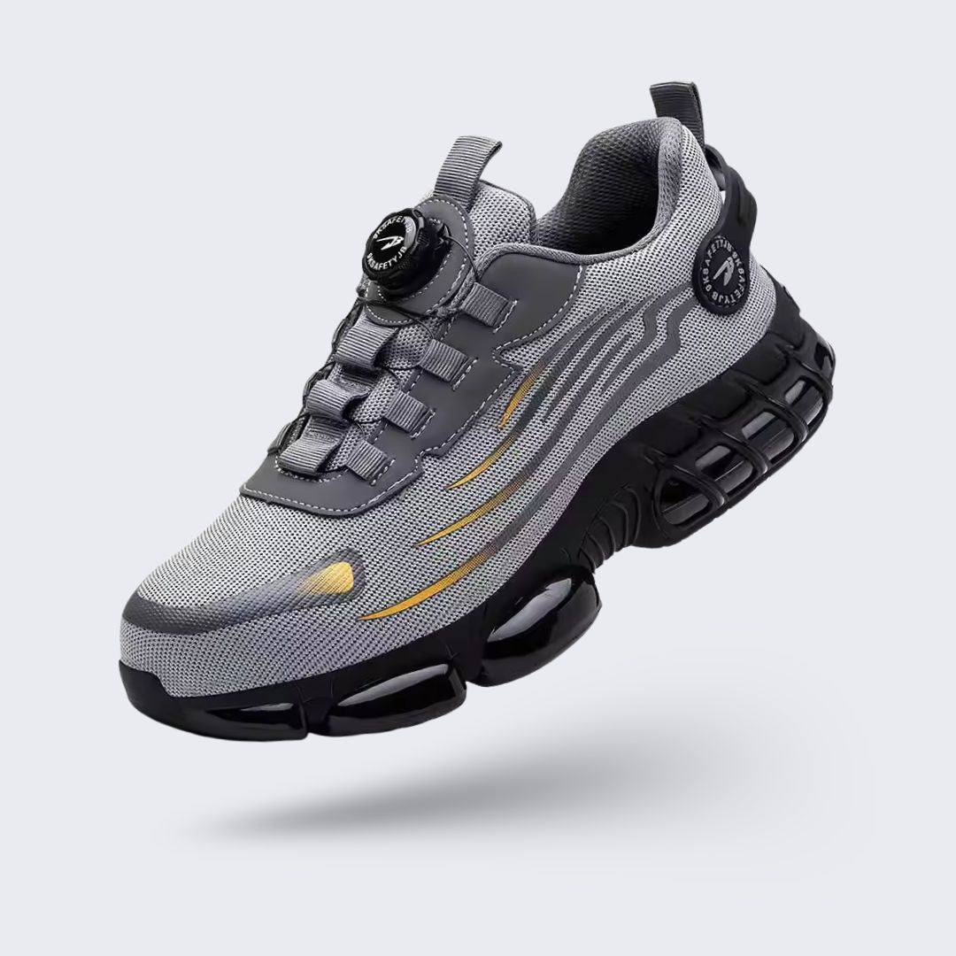 Black orthopedic safety shoes with a reinforced toe cap and cushioned sole