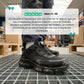Black orthopedic safety shoes with a reinforced toe cap and cushioned sole