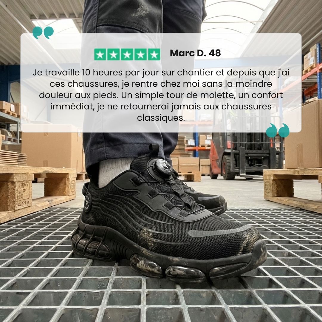 Black orthopedic safety shoes with a reinforced toe cap and cushioned sole