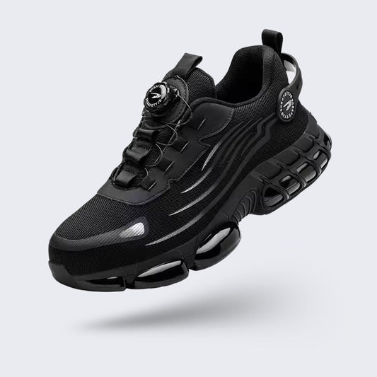 Black orthopedic safety shoes with a reinforced toe cap and cushioned sole