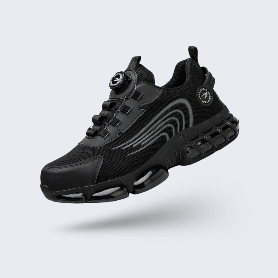 Black and gray orthopedic safety shoes with reinforced toe caps and cushioned midsoles
