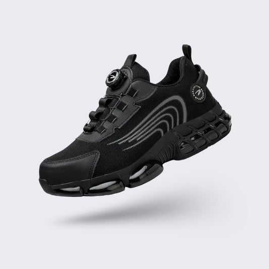 Black and gray orthopedic safety shoes with reinforced toe caps and cushioned midsoles