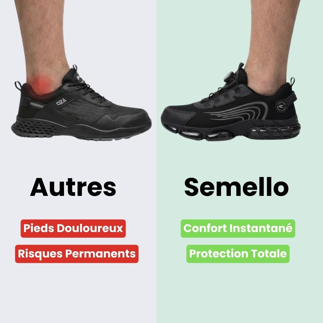 Black and gray orthopedic safety shoes with reinforced toe caps and cushioned midsoles