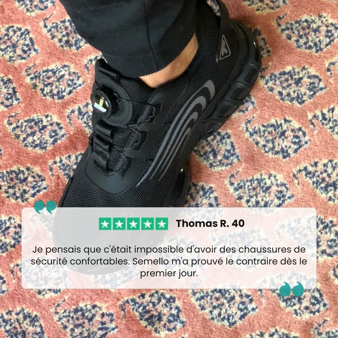 Black and gray orthopedic safety shoes with reinforced toe caps and cushioned midsoles
