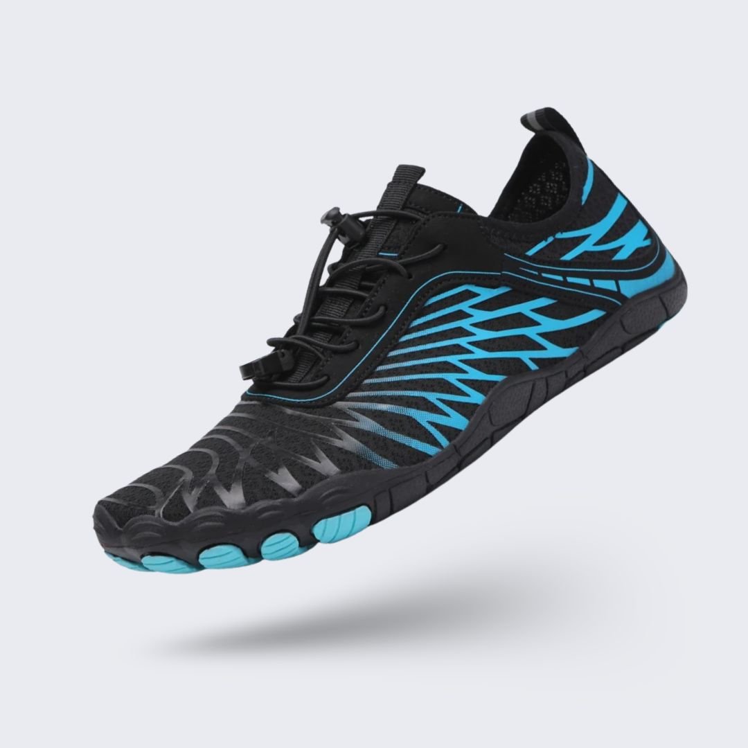 Quick-drying mesh water shoes with non-slip rubber soles, pulled on over bare feet