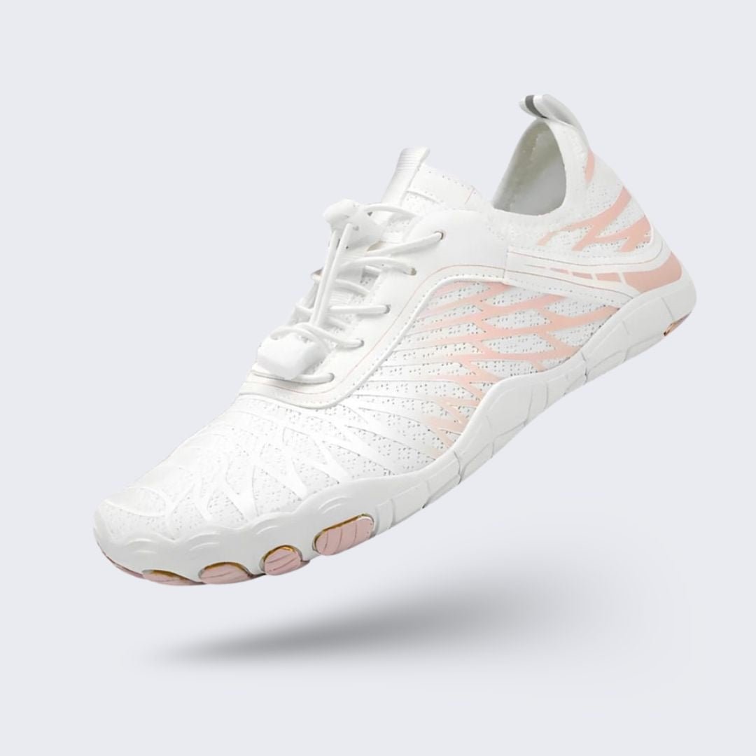 Quick-drying mesh water shoes with non-slip rubber soles, pulled on over bare feet