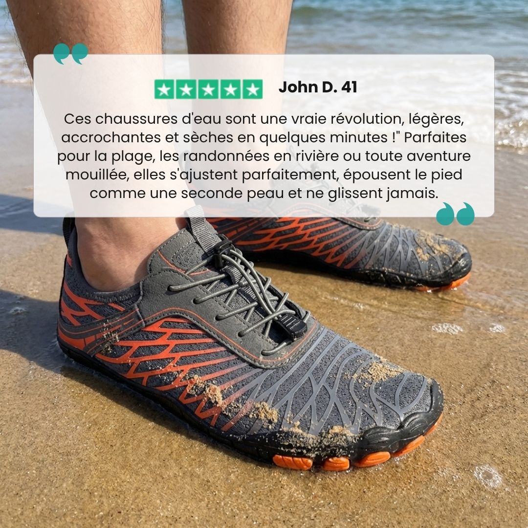 Quick-drying mesh water shoes with non-slip rubber soles, pulled on over bare feet