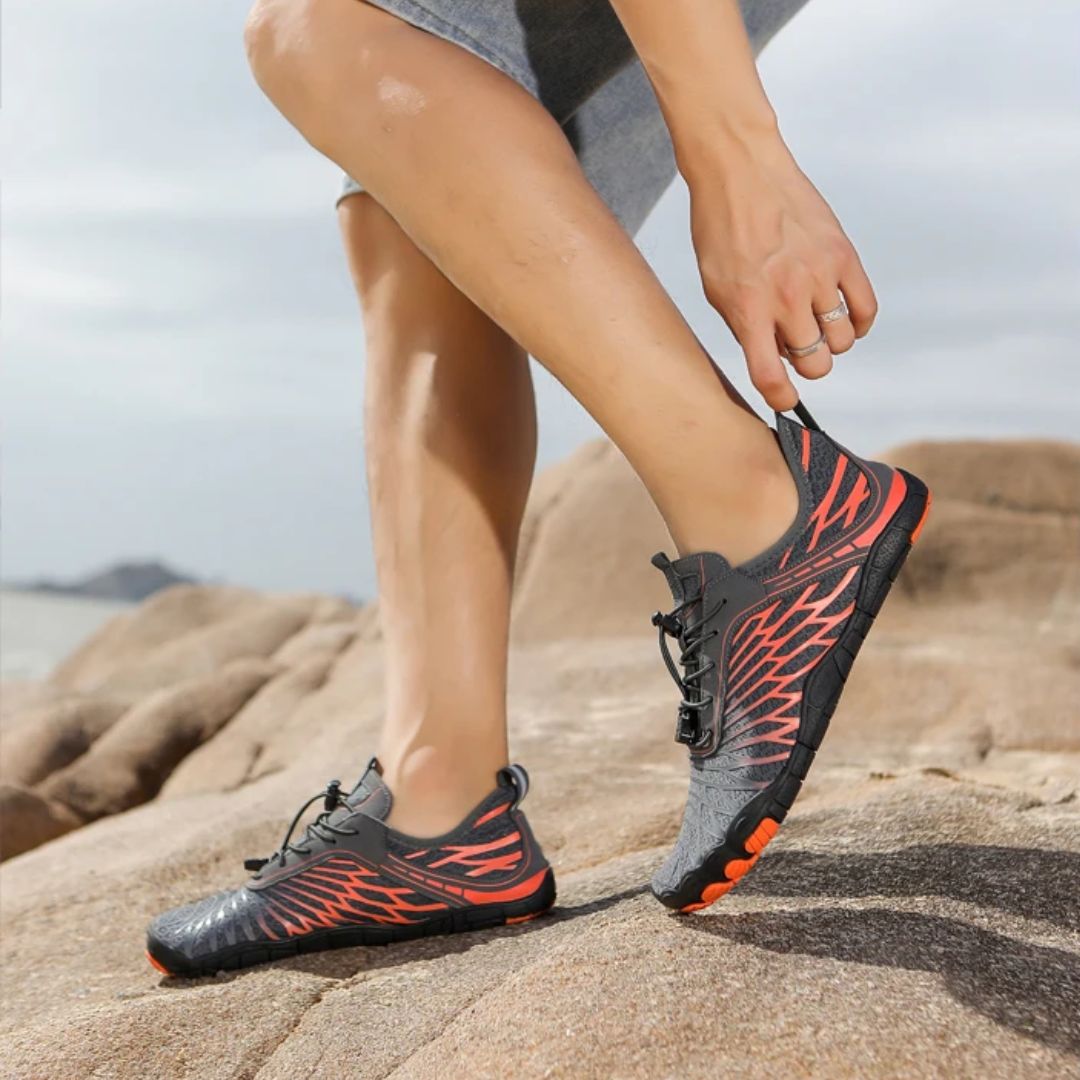 Quick-drying mesh water shoes with non-slip rubber soles, pulled on over bare feet