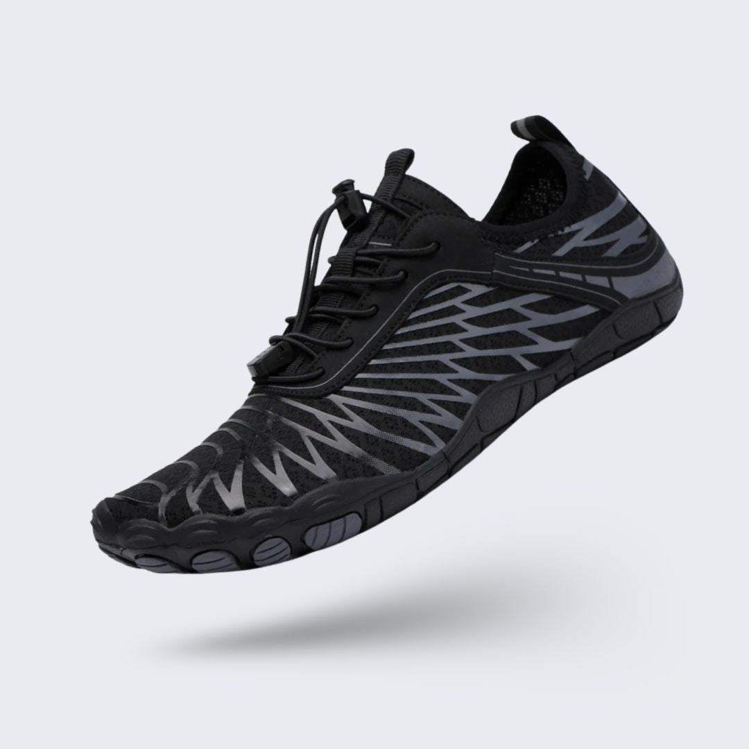 Quick-drying mesh water shoes with non-slip rubber soles, pulled on over bare feet