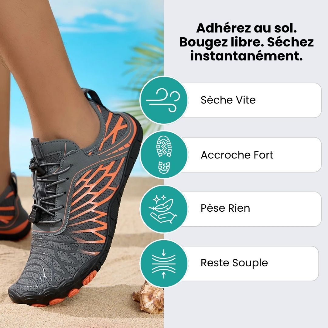 Quick-drying mesh water shoes with non-slip rubber soles, pulled on over bare feet